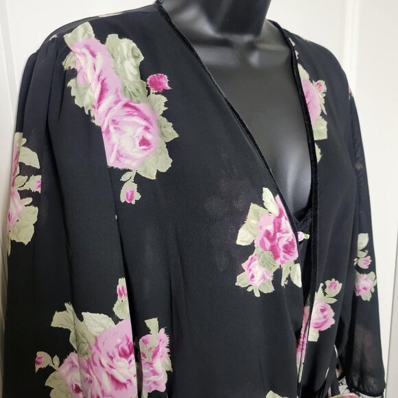 VTG Oscar de la Renta Pink Label M/L Black Pink Roses Floral Robe Nightgown Set - Picture 10 of 13